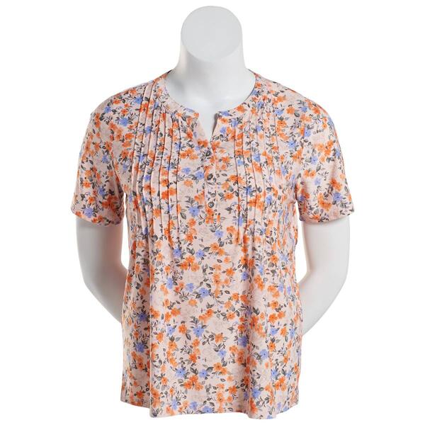 Plus Size Napa Valley Butterfly Floral Pleat Henley Top - Peach - image 