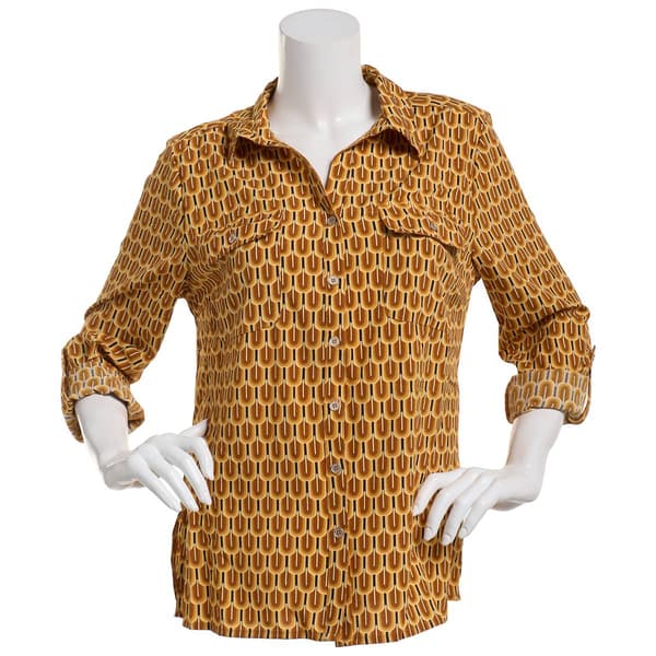 Womens Notations 3/4 Roll Tab Sleeve Geometric Button Down Blouse