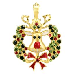 Wearable Art Gold-Tone Reindeer with Wreath Enhancer Pendant