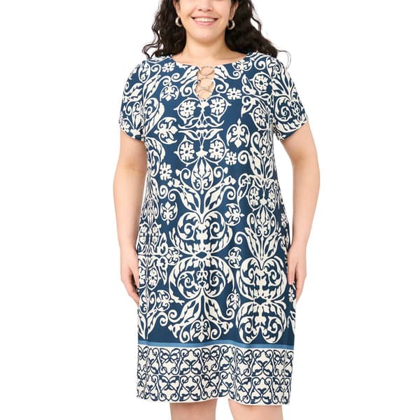 Plus Size MSK Short Sleeve 3 O-Ring Damask Shift Dress