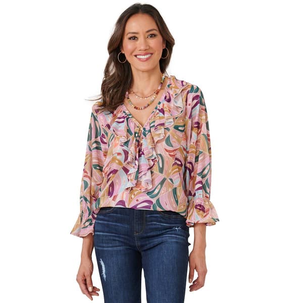 Womens Democracy 3/4 Sleeve Flounce Cascade Ruffle Blouse - Boscov's