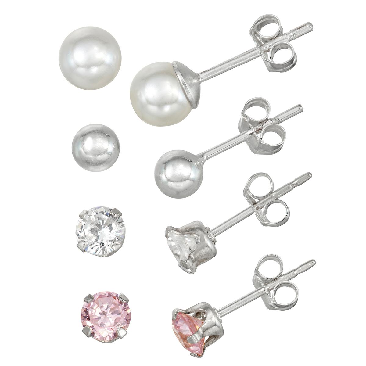 Sterling Silver 4pr. Pearl Ball & CZ Stud Earrings