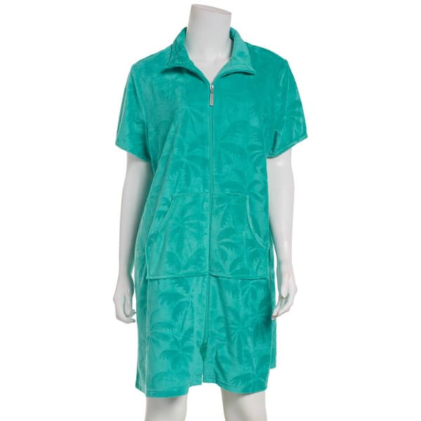 Plus Size Jasmine Rose Short Sleeve Palm Textured Pique Zip Robe - image 