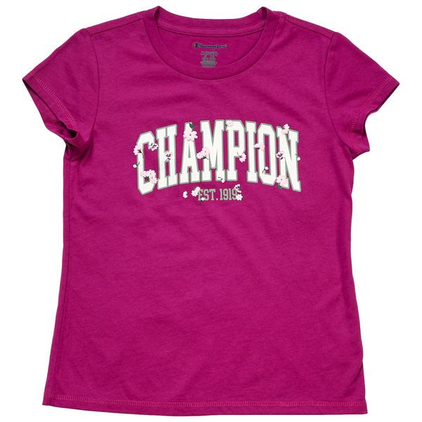 Girls (7-16) Champion(R) Short Sleeve Floral Text Logo Tee