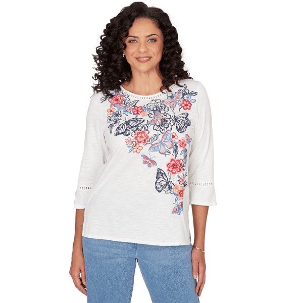 Petite Alfred Dunner Austin Floral Butterfly Embroidery Blouse - image 