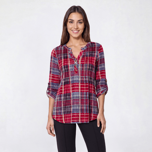 Womens Notations 3/4 Sleeve Plaid Pleat Blouse - Berry Blue - image 
