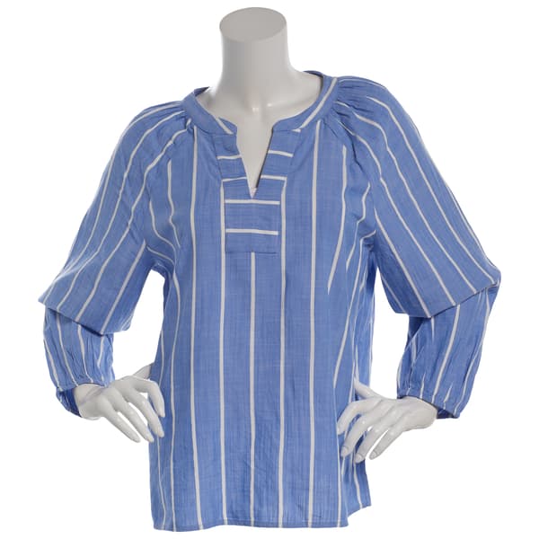 Womens Preswick & Moore® Long Sleeve Stripe Split Neck Blouse