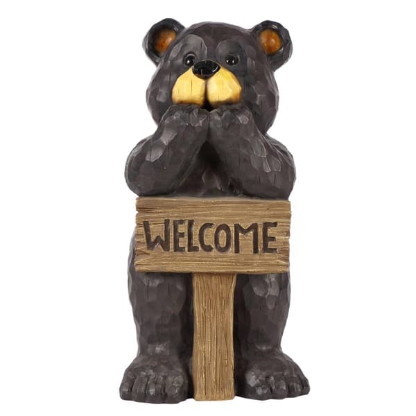 Hi-Line Gift Bear Leaning on Welcome Sign Garden Statue