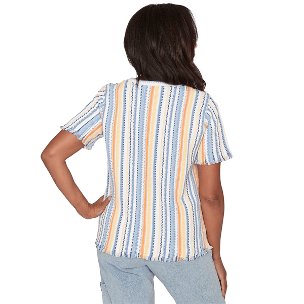 Petite Alfred Dunner Out Of The Blue Fringe Stripe Sweater