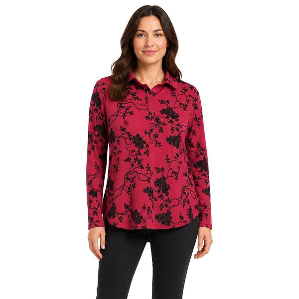 Womens Zac & Rachel Long Sleeve Half Button Up Floral Flocked Ha - image 