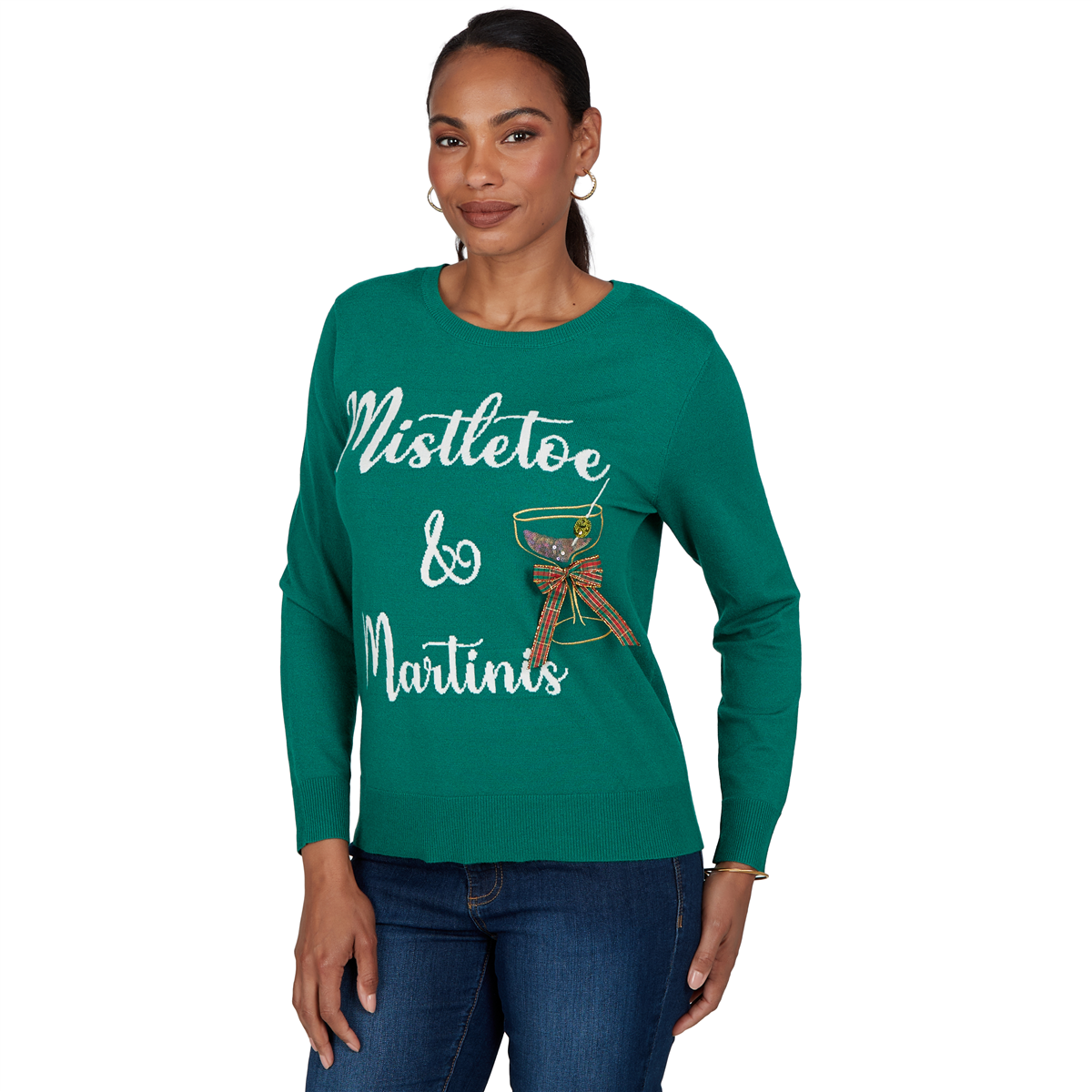 Womens Ruby Rd. Happy Holidays Mistletoe & Martinis Sweater