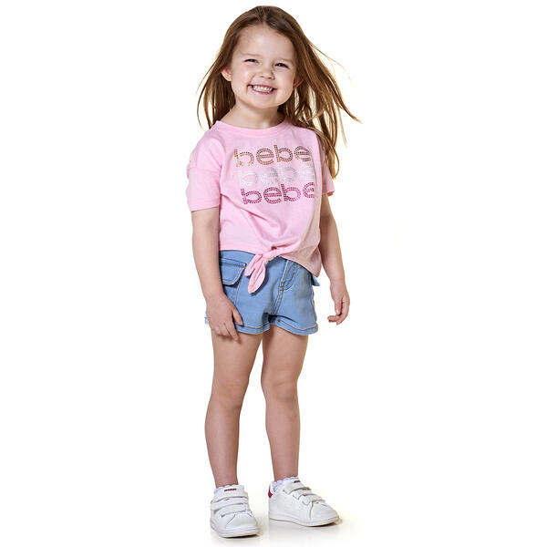 Toddler Girl Bebe Foil Logo Short Sleeve Top & Denim Shorts Set - image 