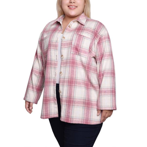 Plus Size NY Collection Brushed Twill Plaid Shacket- Pink/White