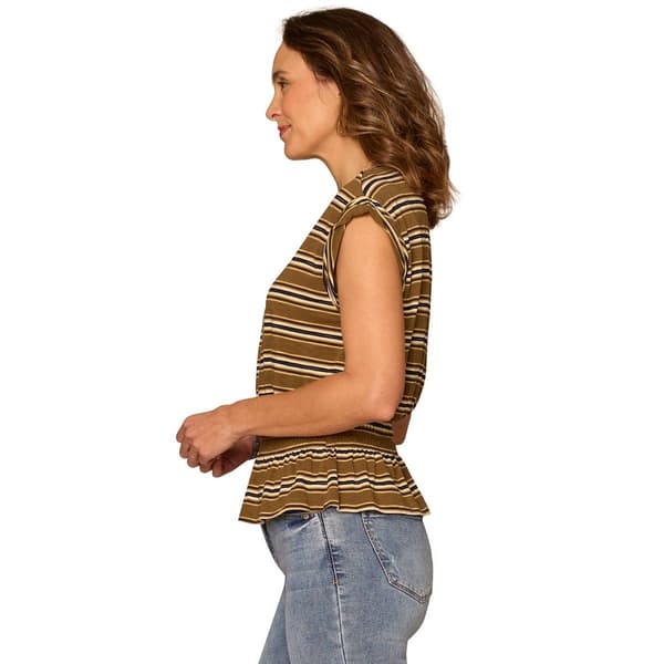Womens Democracy Roll Cuff Cap Sleeve Stripe Peplum Blouse
