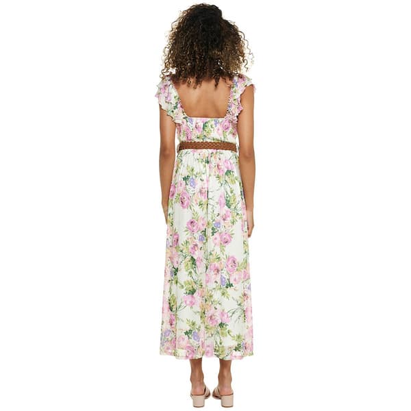 Juniors Wallflower Flutter Sleeve Smock Bodice Belted Maxi Dress