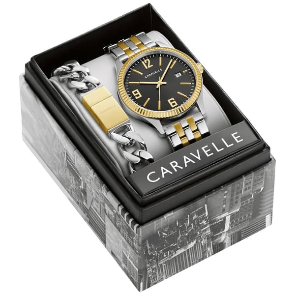 Men Carvavelle by Bulova Two-Tone Black Dial Watch Box Set-45K000 - image 