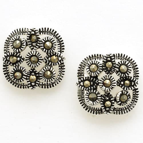 Marsala Marcasite Silver Plated Flower Post Earrings - image 