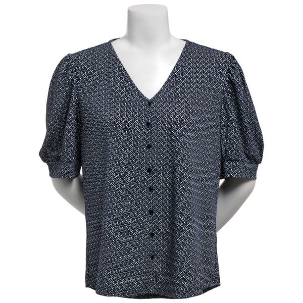 Womens Adrianna Papell Short Puff Sleeve Dot V-Neck Blouse