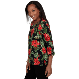 Womens Alfred Dunner Classics 3/4 Sleeve Poinsettia Blouse