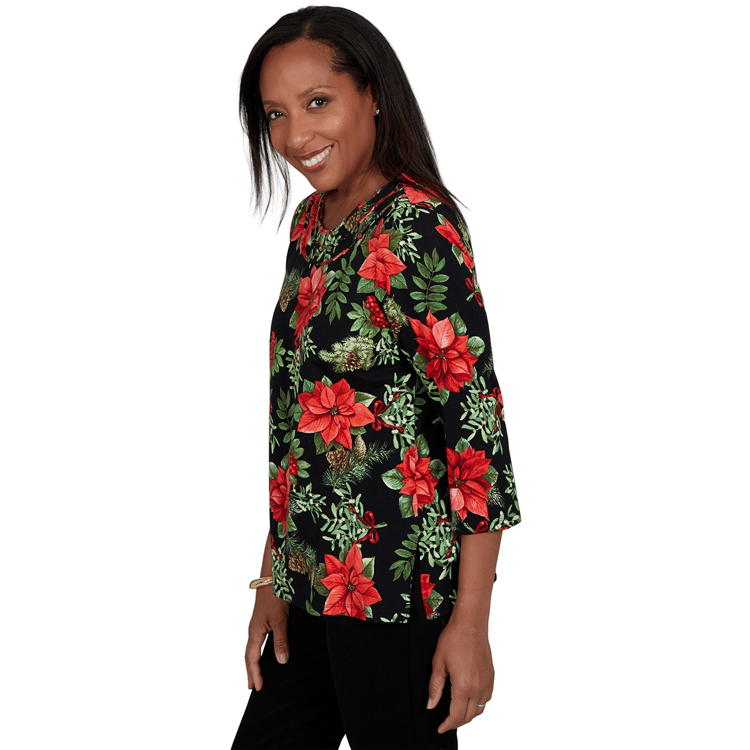 Womens Alfred Dunner Classics 3/4 Sleeve Poinsettia Blouse