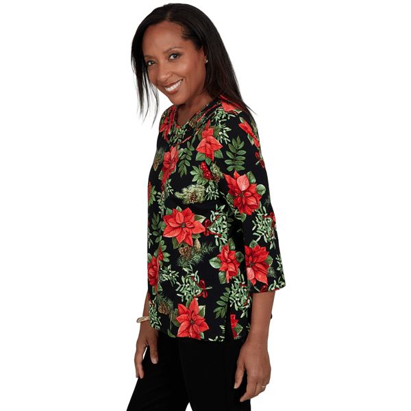 Womens Alfred Dunner Classics 3/4 Sleeve Poinsettia Blouse