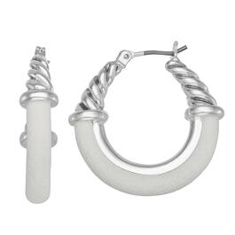 Napier Silver-Tone & White Leather Hoop Click-Top Earrings