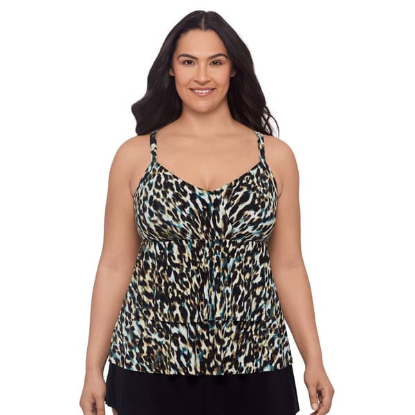 Plus Size TrimShaper Leona Leopard In The Mist Tankini Swim Top - image 