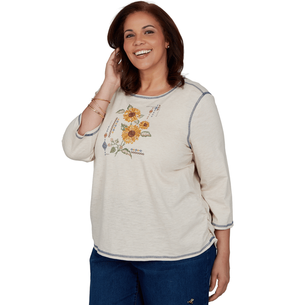 Plus Size Alfred Dunner Tuscany Sunflower Embroidered Blouse