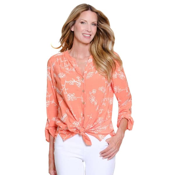 Petite Multiples Cuff Sleeve Band Neck Button Front Emrboidered