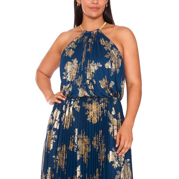 Plus Size MSK Sleeveless Halter Neck Pleated Foil Maxi Dress
