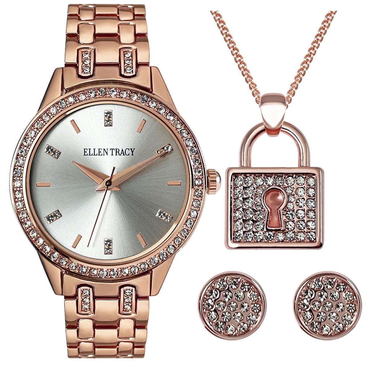 Ellen Tracy Rose Gold Crystal Watch Locket & Earring Set