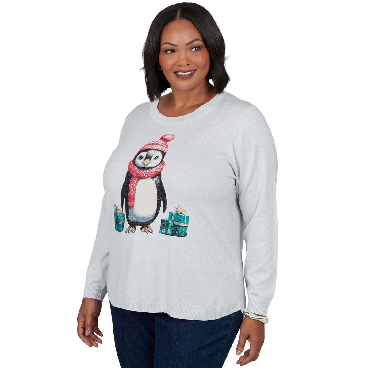 Plus Size Emaline Holiday Festivities Penguin Graphic Sweater
