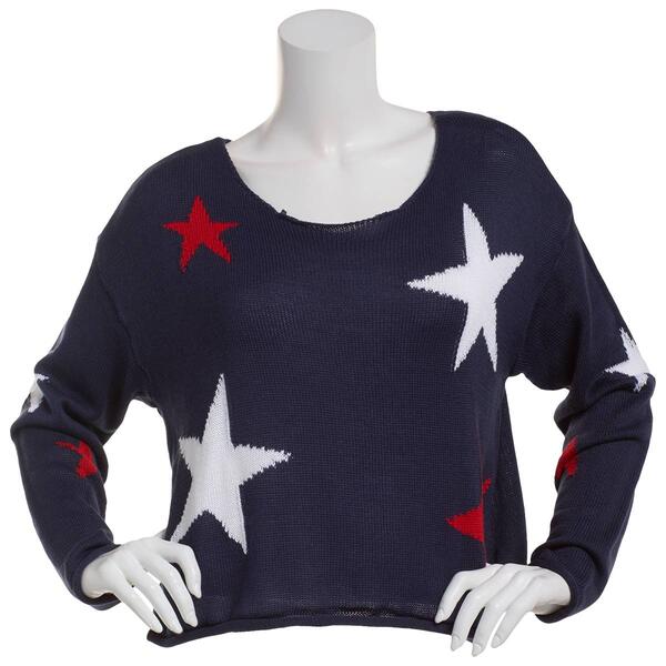 Juniors No Comment Long Sleeve Acrylic Americana Star Sweater - image 