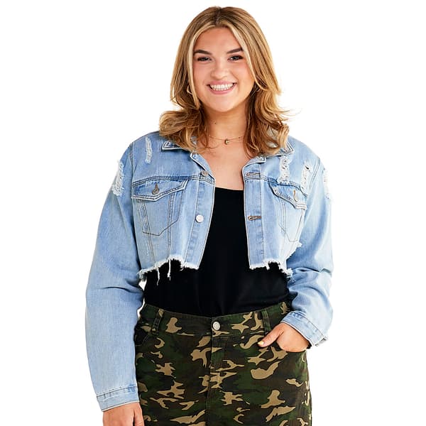 Juniors Plus Almost Famous(tm) Destructed Cropped Denim Jacket