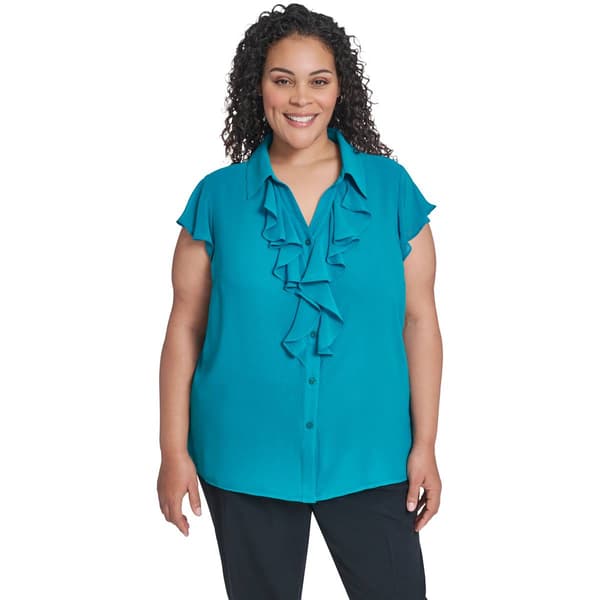 Plus Size Calvin Klein Short Flutter Sleeve Ruffle Front Blouse - image 