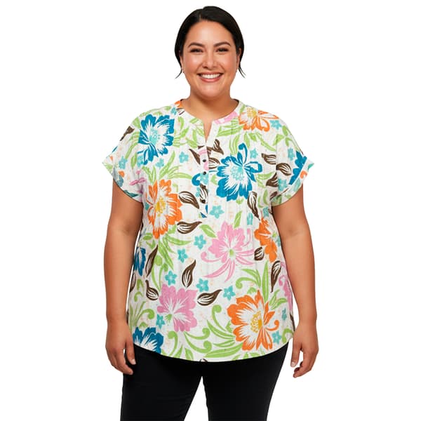 Plus Size Cocomo Short Sleeve Pleated Floral Split Neck Blouse - image 