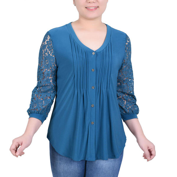 Womens NY Collection 3/4 Lace Sleeve Pleated Front Button Down - image 