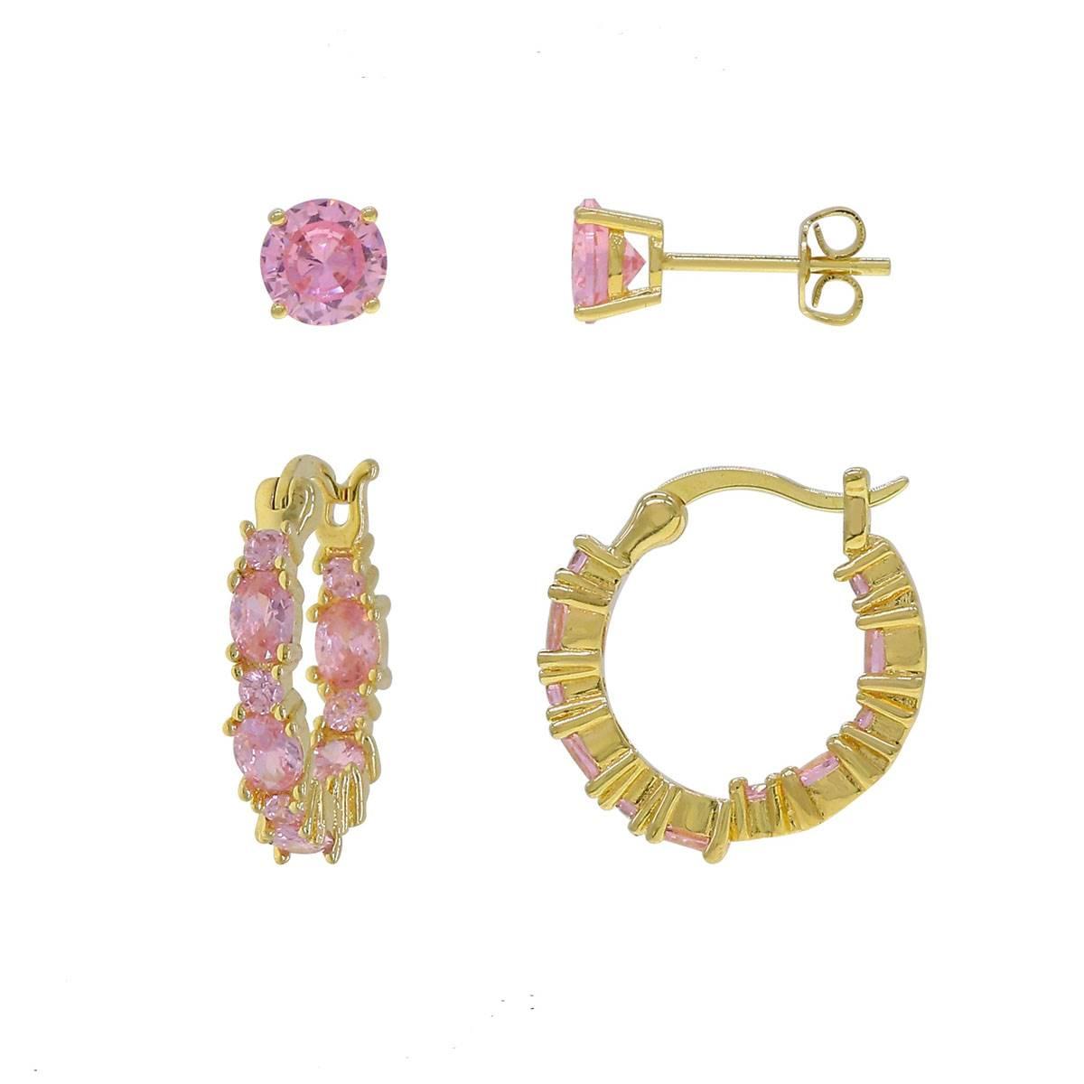 2pr. Gold Plated Pink CZ Stud and Hoop Earrings Set
