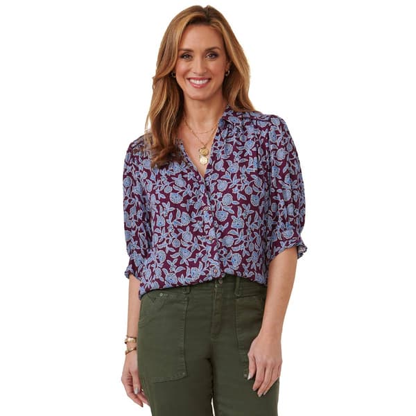 Petite Democracy Below Elbow Cinched Sleeve Print Woven Top
