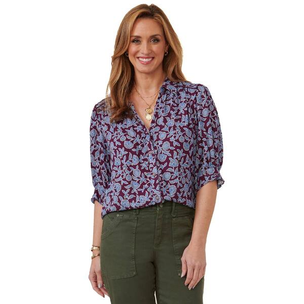 Petite Democracy Below Elbow Cinched Sleeve Print Woven Top - image 