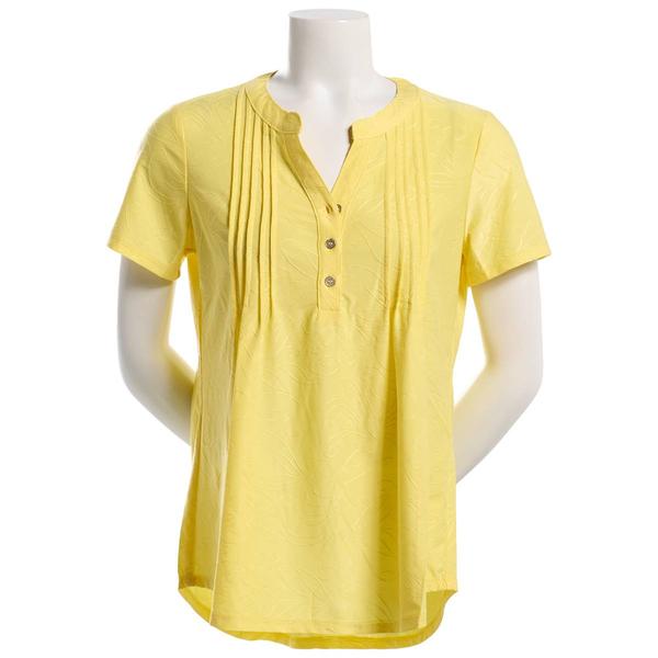 Womens Notations Short Sleeve Textured Jacquard Pleated Blouse
