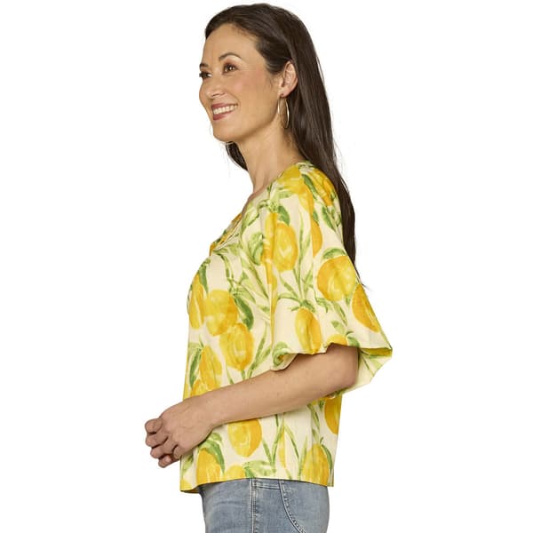 Womens Democracy Elbow Sleeve O-Ring Neck Lemon Blouse