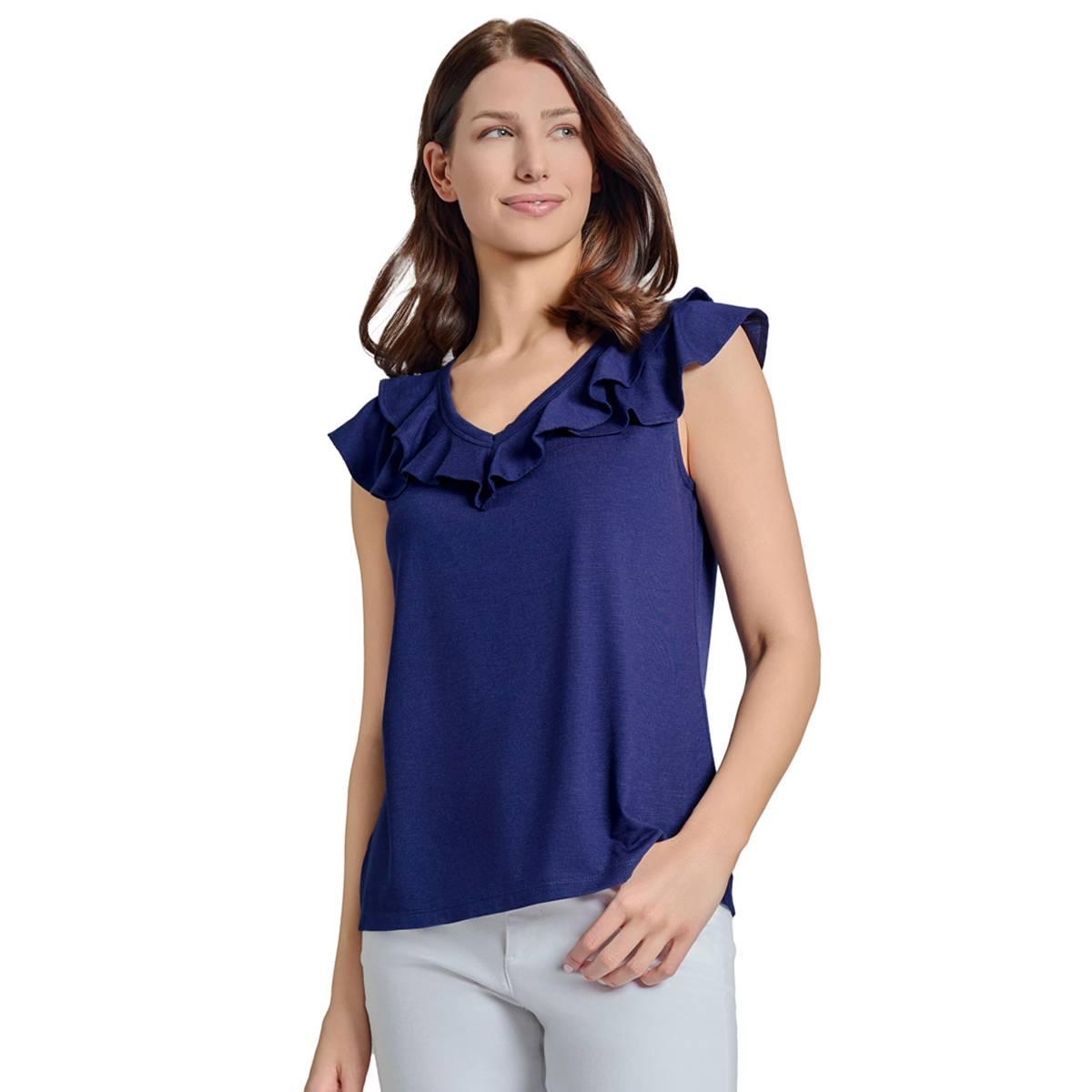 Womens Jones New York Sleeveless Drape Ruffle V-Neck Blouse