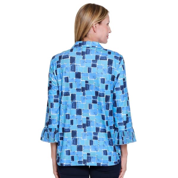 Petite Multiples 3/4 Flounce Sleeve Abstract Squares Blouse