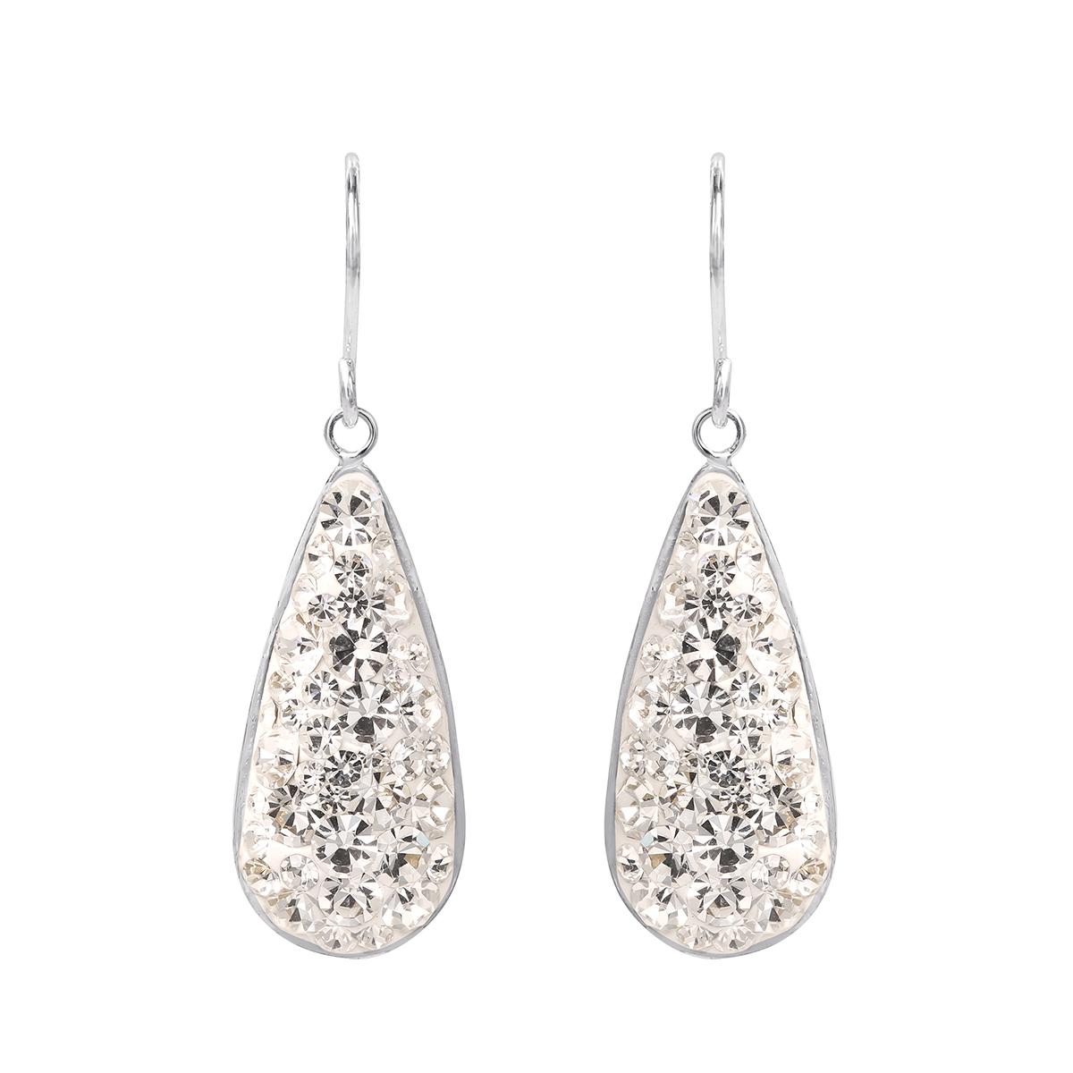 Brass Silver-Plated White Crystal Teardrop Dangle Earrings