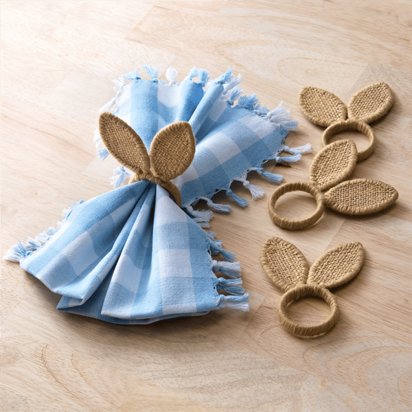 Threadmade Burlap Bunny Ear Napkins Rings - Set of 4