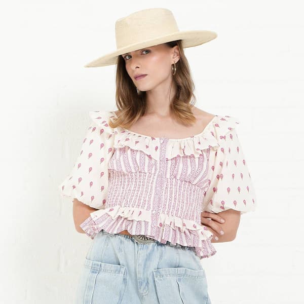 Womens MNK Puff Sleeve Boho Cropped Ruffle Blouse