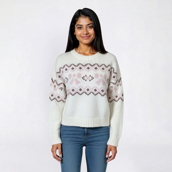 Juniors Pink Rose Chenille Fair Isle Bow Crew Neck Sweater - image 