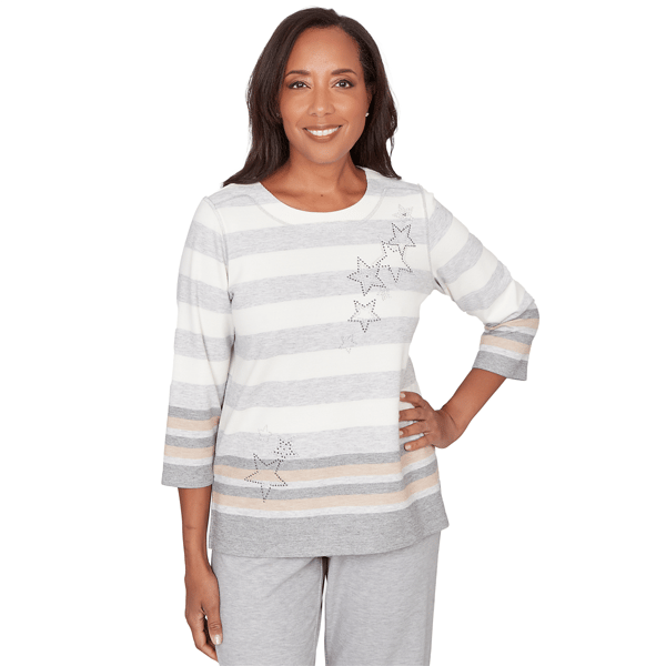 Petites Alfred Dunner Comfort & Joy Star Stripe Embellished Crew - image 