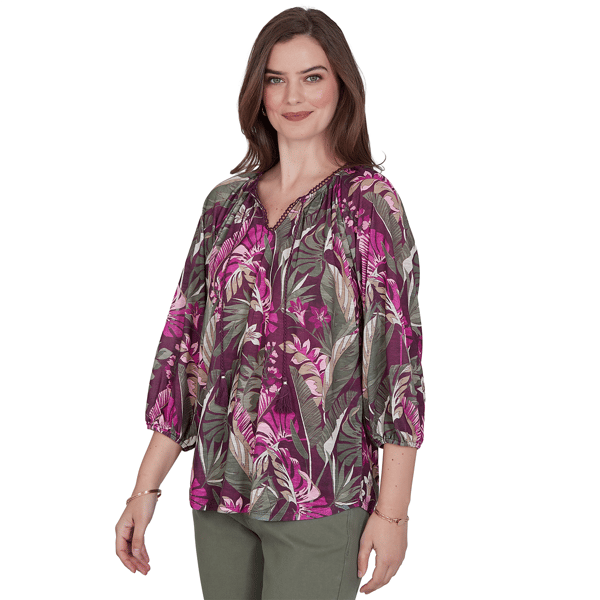 Womens Ruby Rd. Sedona Escape Tropical Tassel Neck Blouse